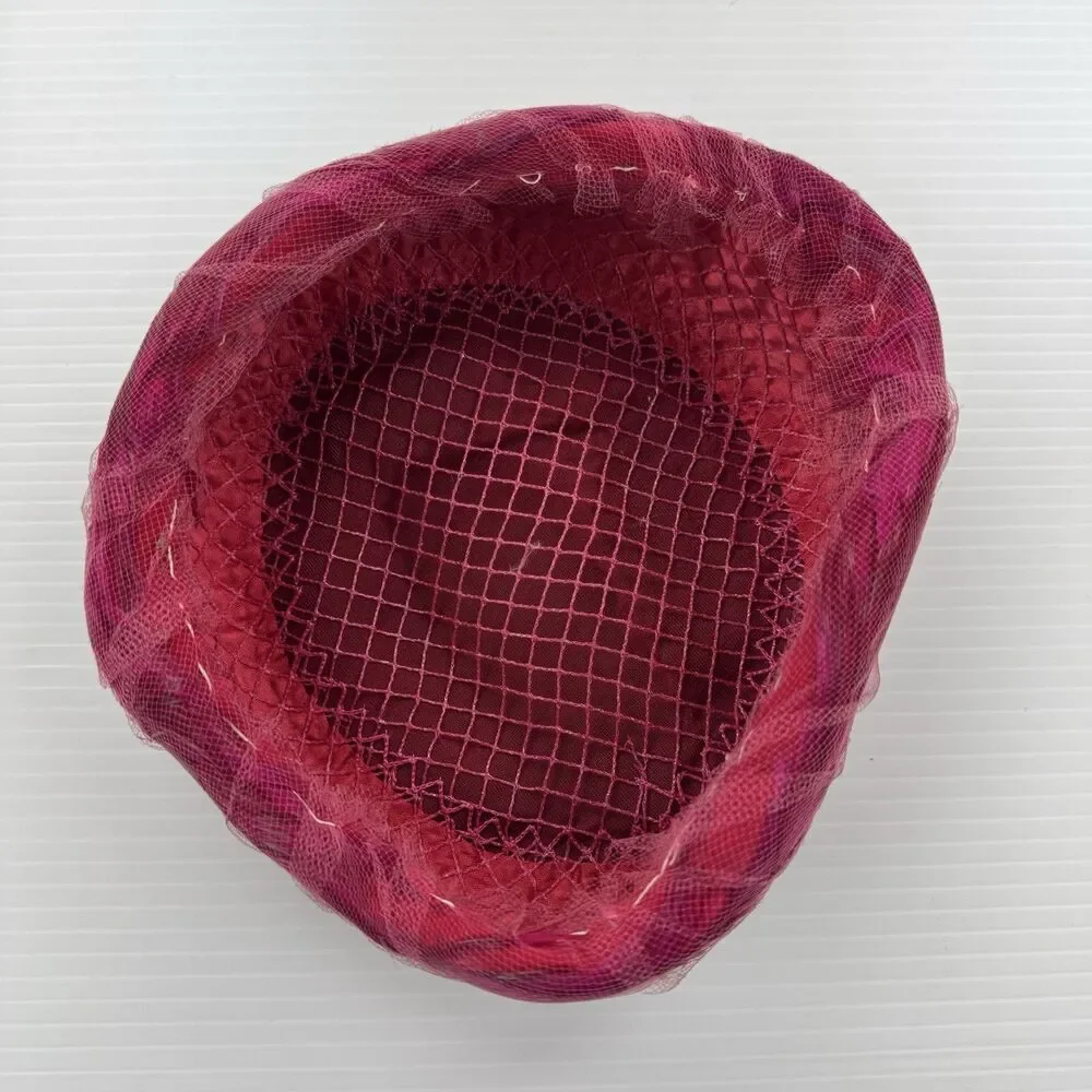 Vintage Pink Feather Fascinator Hat Veil Netting Pillbox Retro Church Small